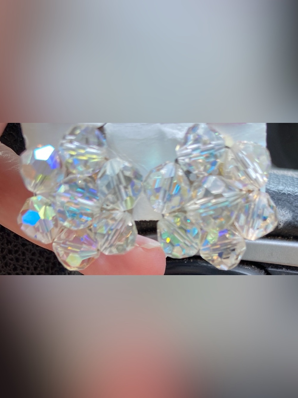 Vintage Crystal Cluster Clip-On Earrings in Clear Aurora Borealis